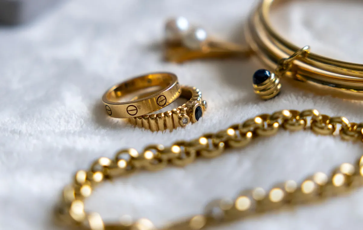 Bague et bracelet en or 18 carats sur fond neutre