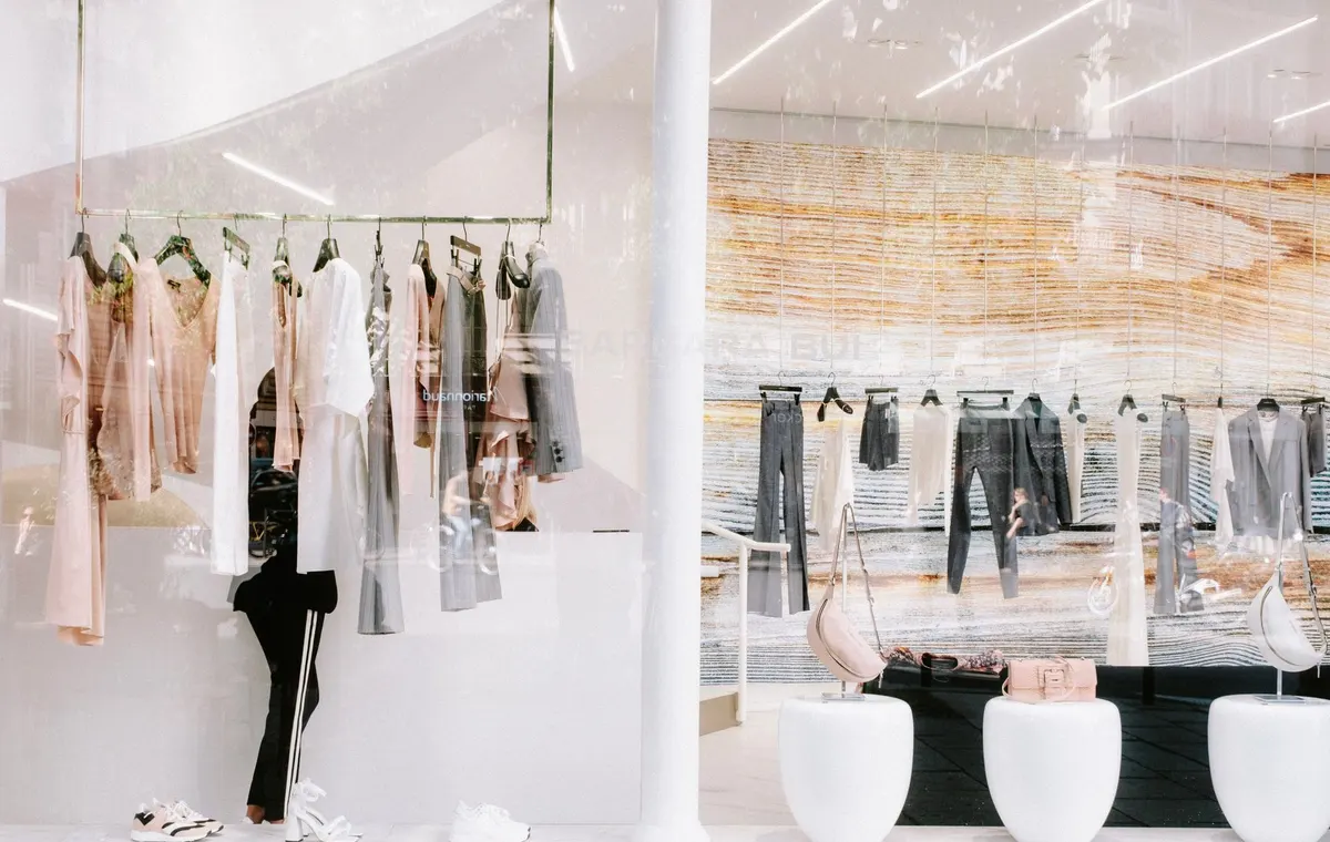 Intérieur d'un concept store parisien avec une scénographie soignée et des vêtements exposés